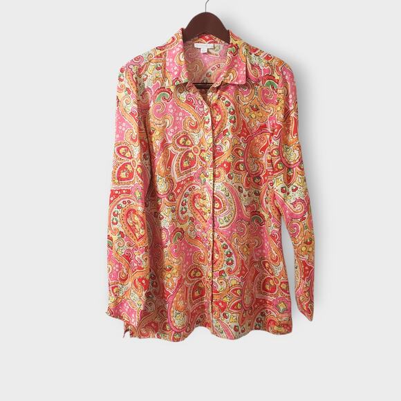 Charter Club Tops - Charter Club Womens 100% Linen Floral Paisley Button Up Shirt Pink Multi Large